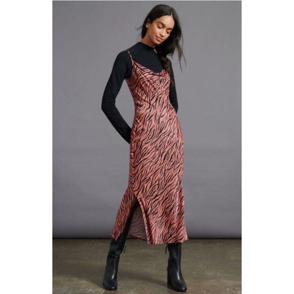 ANTHROPOLOGIE Elyse Midi Dress Tiger Stripe XL Animal Print Safari Vintage Edge - Picture 1 of 13